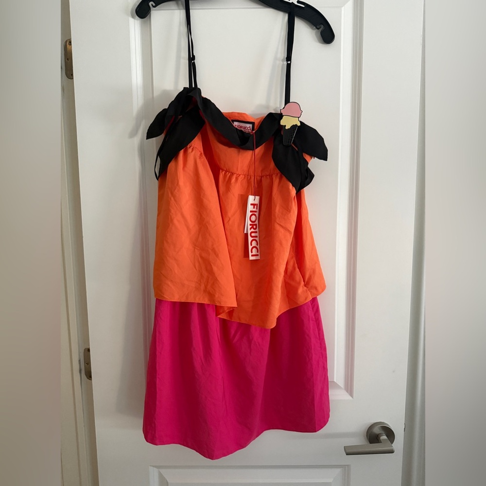 Fiorucci Orange and Pink Dress with ice cream cone pin summer Sz 42 (Italy)
